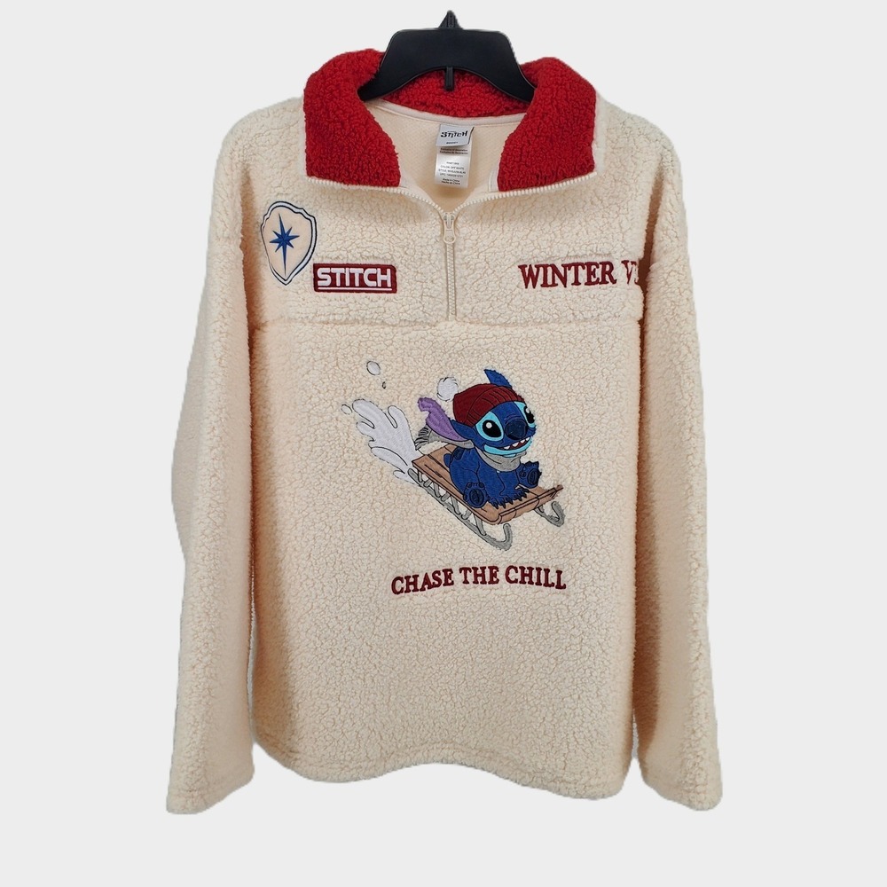 Disney Stitch Womens L Sherpa Quarter Zip Pullover Off White Winter Vibes New